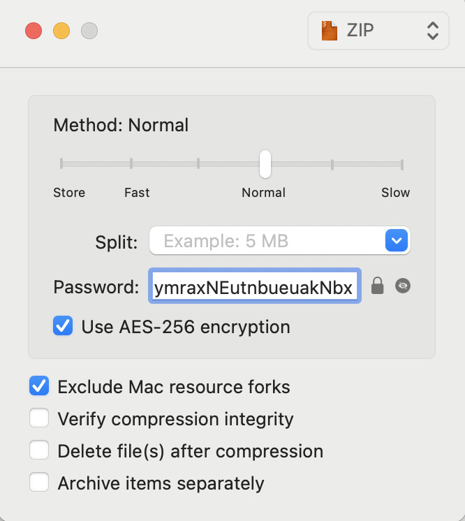 Screenshot of Keka creating an AES-encrypted ZIP file
